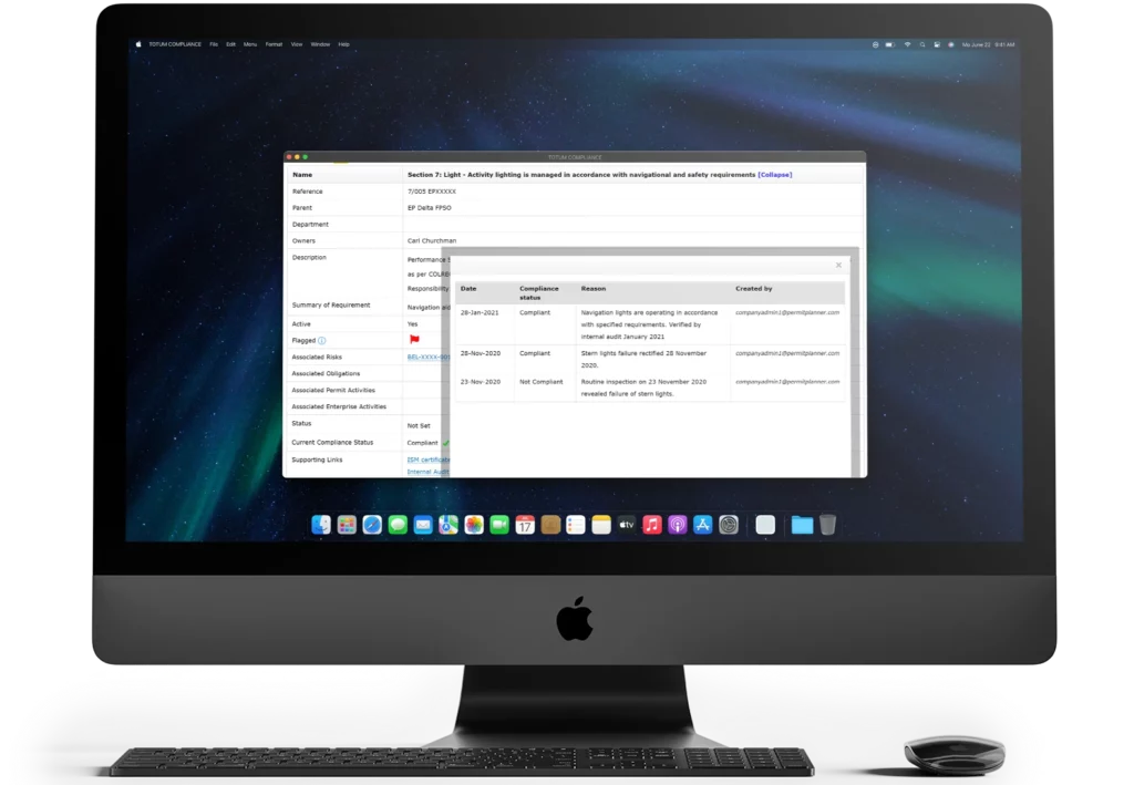 Audit and assurance information displayed on an imac computer in Totum compliance, with information such as Compliance information and further information.