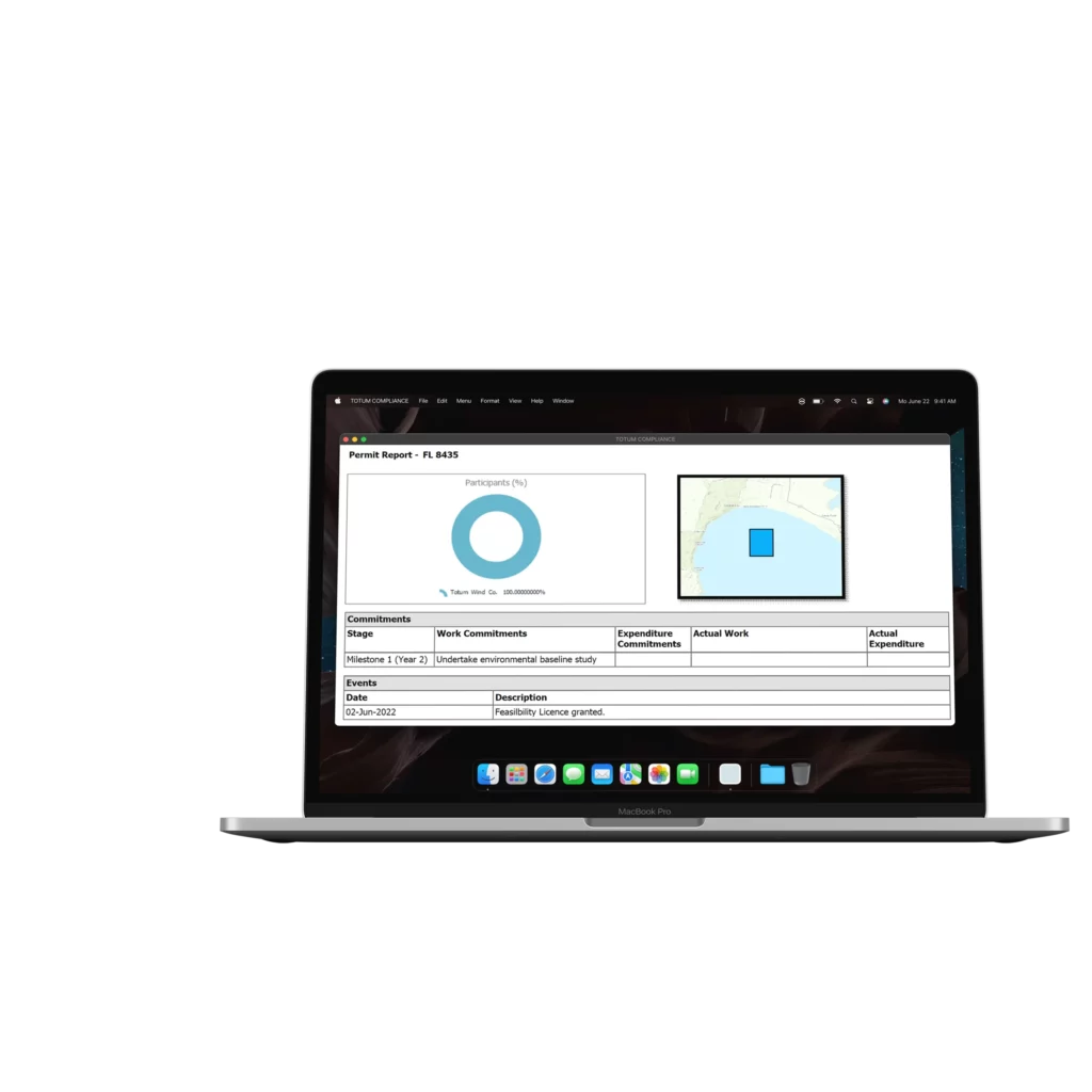 A permit report that includes a GIS map of the relevant area generated and displayed within the Totum Compliance software interface displayed on a macbook.