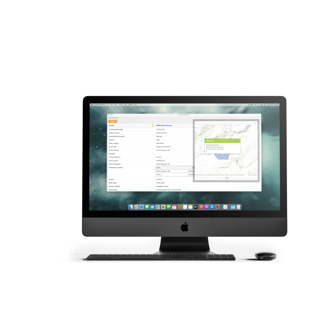 Permit details including a GIS map of the relevant area generated and displayed within the Totum Compliance software interface displayed on an imac computer.