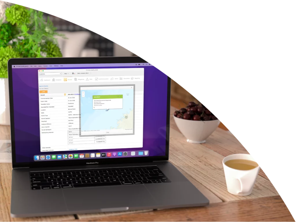 Permit details including a GIS map of the relevant area generated and displayed within the Totum Compliance software interface displayed on a macbook.